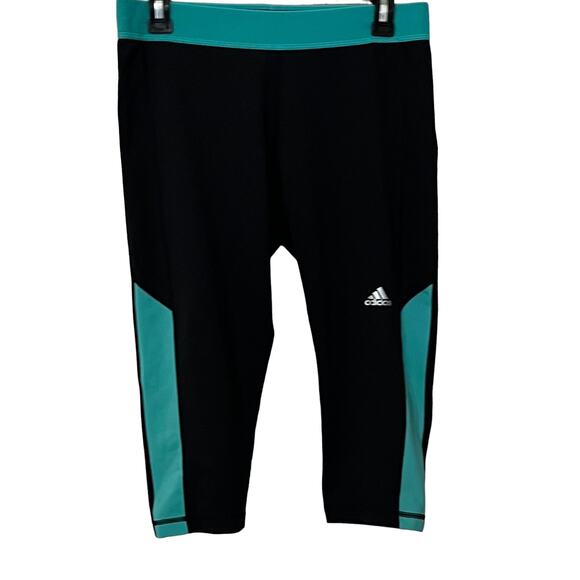 ADIDAS  TECHFIT CLIMALITE HI-RISE ACTIVEWEAR CAPRIS, WOMENS, L, BLACK-TEAL TRIM - Picture 1 of 12